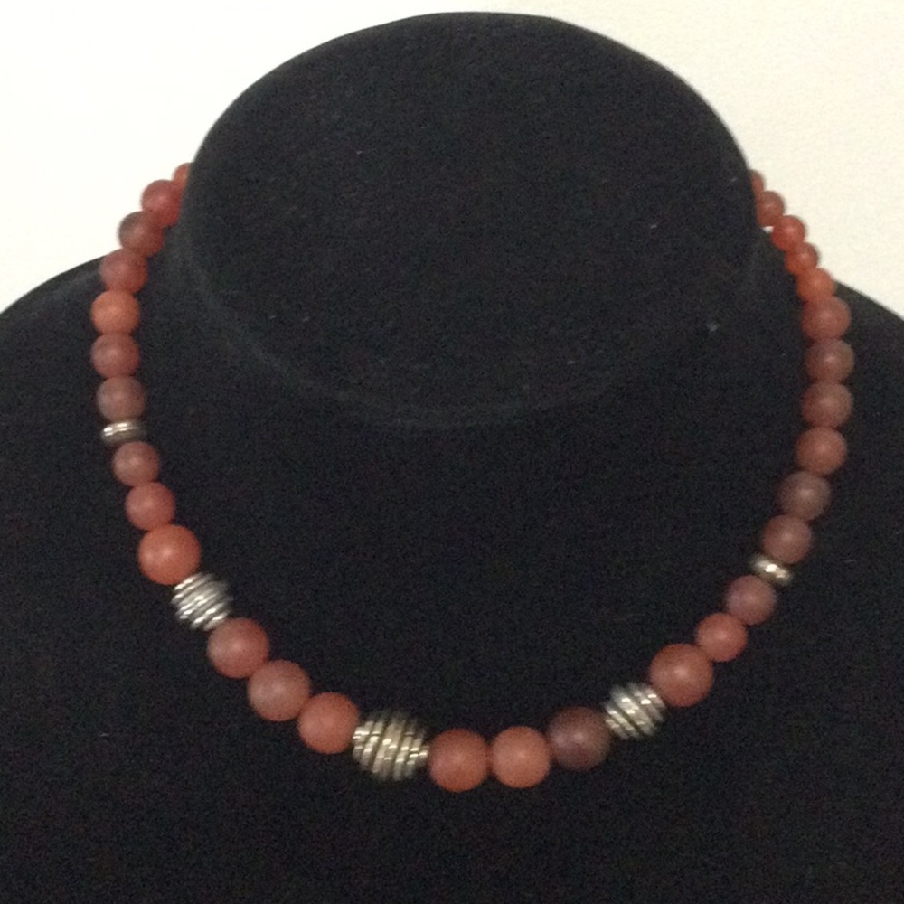 Matte Carnelian Bead Necklace with Silver Accent Beads